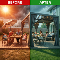 12X20 Louvered Pergola,Dark Grey Aluminum Frame with Adjustable Rainproof Roof, Featuring Waterproof Curtains and Nets — Before & After