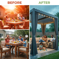 12X20 Louvered Pergola,Dark Grey Aluminum Frame with Adjustable Rainproof Roof, Featuring Waterproof Curtains and Nets — Before & After