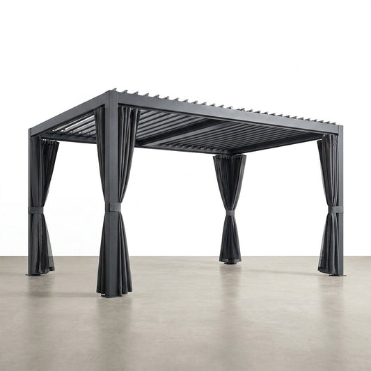12X20 Louvered Pergola,Dark Grey Aluminum Frame with Adjustable Rainproof Roof, Featuring Waterproof Curtains and Nets — Studio Shot