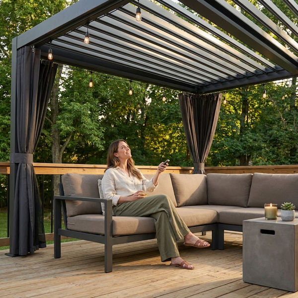 Aluminum Louvered Pergola Built for All-Season Coverage, 12x20 Frame, Adjustable Roof, Waterproof Curtains