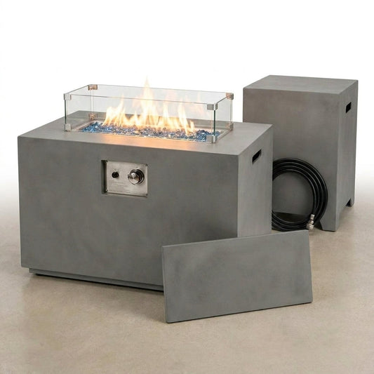 50000 BTU Coating Steel Propane Fire Pit Table in Gray Rectangular Modern Outdoor Gas Fire Table with Tank Holder — Studio Shot