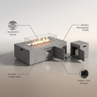 50000 BTU Coating Steel Propane Fire Pit Table in Gray Rectangular Modern Outdoor Gas Fire Table with Tank Holder — infographic