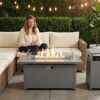 50000 BTU Coating Steel Propane Fire Pit Table in Gray Rectangular Modern Outdoor Gas Fire Table with Tank Holder — Lifestyle