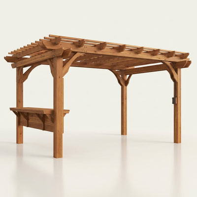 Cedar Pergola Built for Wind Resistance, 10x14 Ft Shade Structure, Built-in Bar, PowerPort Outlets