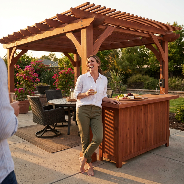 Cedar Pergola Built for Wind Resistance, 10x14 Ft Shade Structure, Built-in Bar, PowerPort Outlets