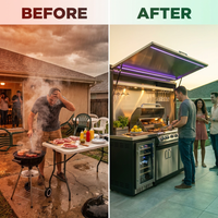 Customized Multi Functional Outdoor Kitchen BBQ Pod with Shelter Moisture Resistant Stainless Steel Outdoor Kitchen Patio Shed — Before & After