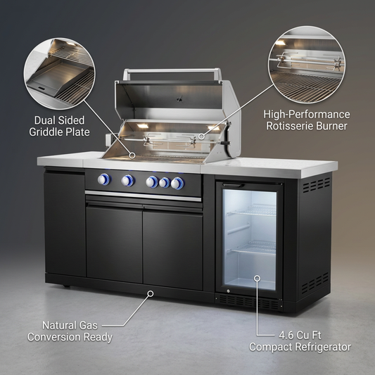 Outdoor Kitchen Island Built for Backyard Entertaining, 70" Width, Built-In Grill, Compact Refrigerator — infographic