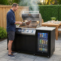 Outdoor Kitchen Island Built for Backyard Entertaining, 70" Width, Built-In Grill, Compact Refrigerator — Lifestyle