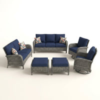Patio Furniture Set 6-Piece Outdoor Patio Conversation Set with Blue Cushions Lawn Furniture — Studio Shot