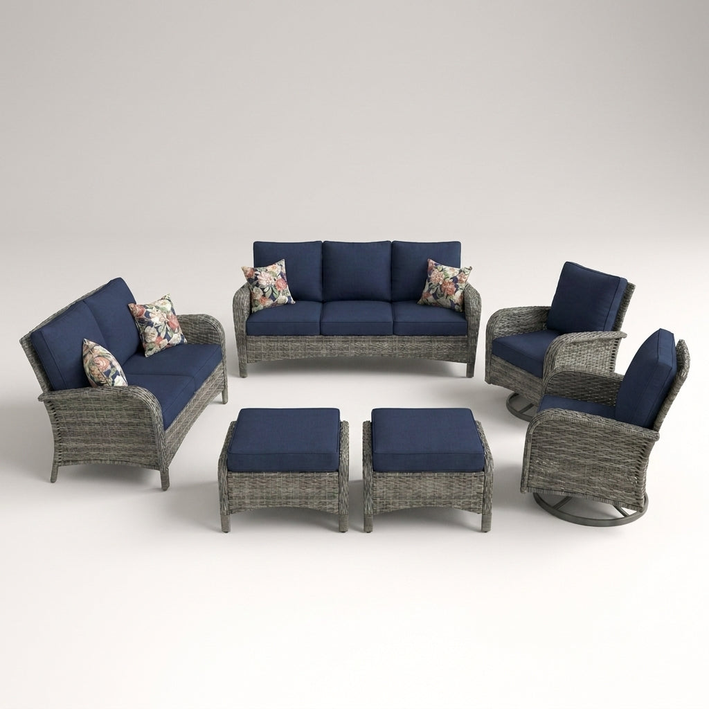 Patio Furniture Set 6-Piece Outdoor Patio Conversation Set with Blue Cushions Lawn Furniture — Studio Shot