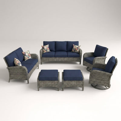 Outdoor Conversation Set Built for All-Weather Use, 6-Piece Steel Frame, Blue Cushions, Swivel Rockers