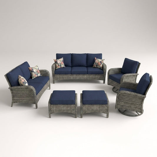 Patio Furniture Set 6-Piece Outdoor Patio Conversation Set with Blue Cushions Lawn Furniture — Studio Shot
