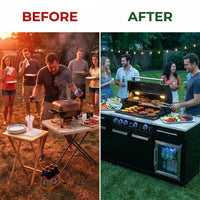 Premium 70"W Black Stainless Steel Outdoor Kitchen Island BBQ Gas Grill with Compact Refrigerator & Rotisserie Burner + Dual Sided Griddle Plate + Charcoal Tray + Natural Gas Conversion Kit — Before & After