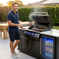 Premium 70"W Black Stainless Steel Outdoor Kitchen Island BBQ Gas Grill with Compact Refrigerator & Rotisserie Burner + Dual Sided Griddle Plate + Charcoal Tray + Natural Gas Conversion Kit — Lifestyle